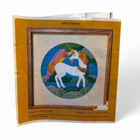 VTG 80s Crewel Unicorn Long Stitch Kit Wool Yarn Partially Started - Picture 2 of 5